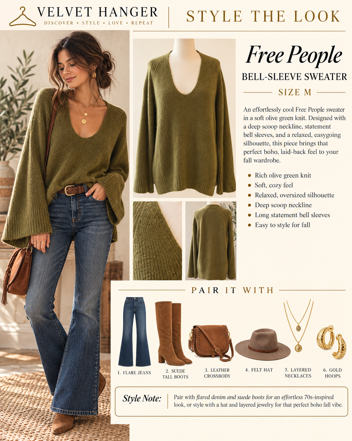 Free People Boat Neck Tunic Sweater – Chive Combo – Size M