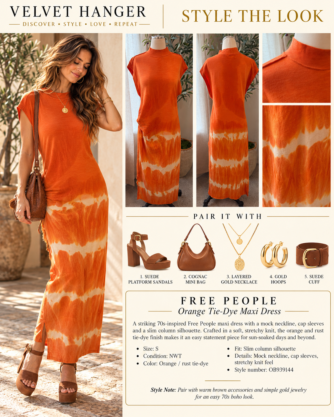 Free People Knit Tie-Dye Maxi Dress – Orange/Cream – Size S – NWT