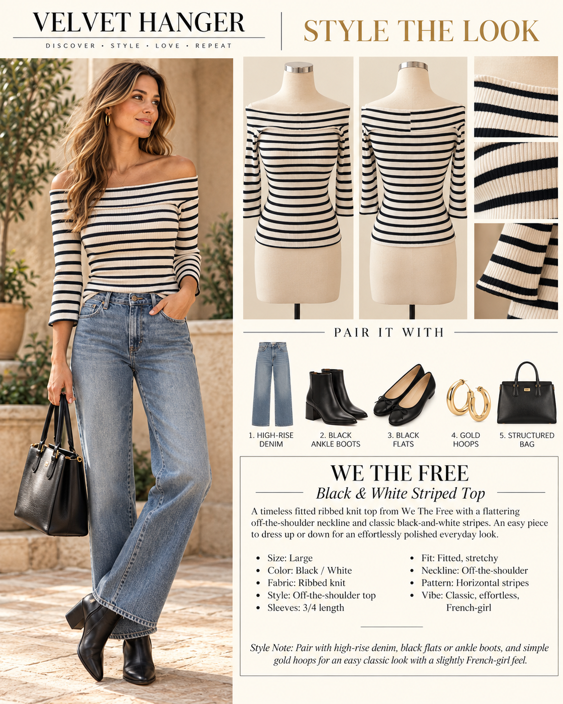 We The Free Black & White Striped Off-Shoulder Top – Size L NWOT