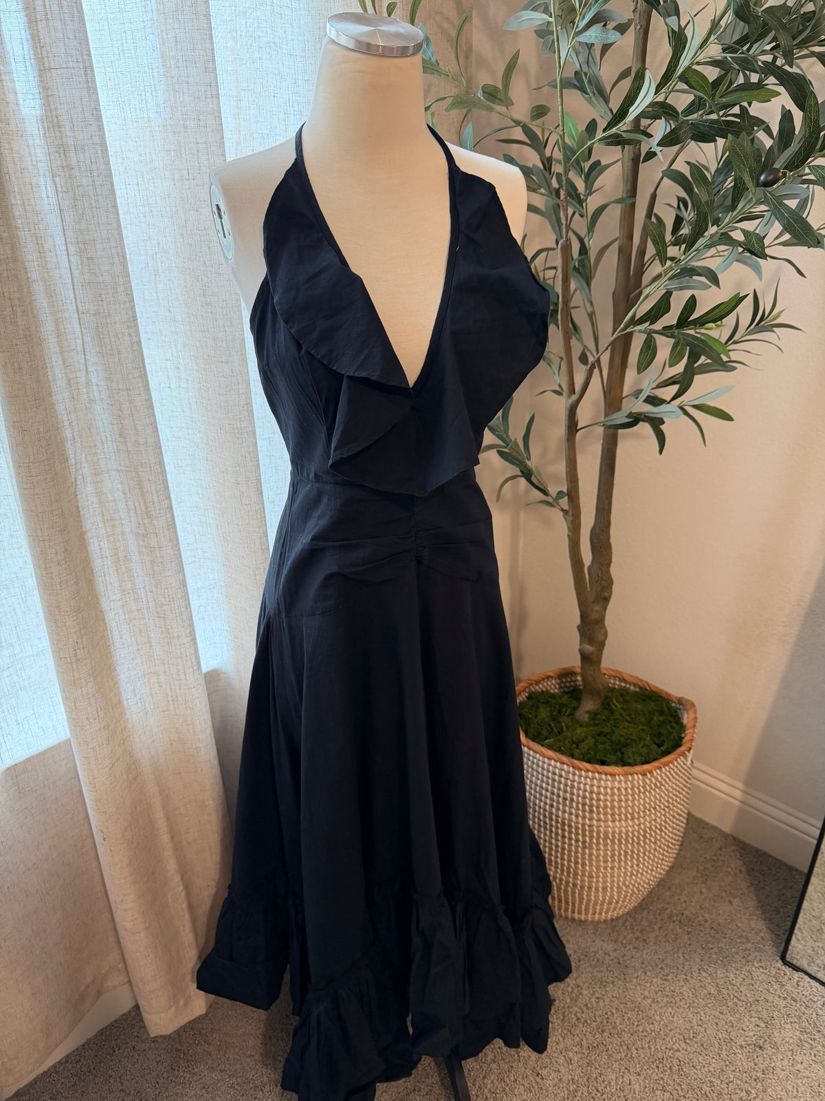 Free People Clara Ruffle Halter Midi Dress – Black – Size S – NWT