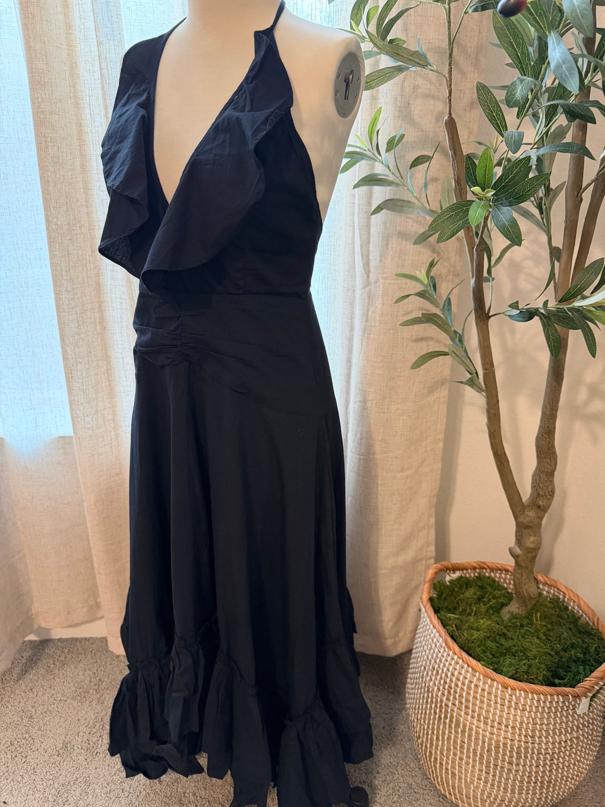 Free People Clara Ruffle Halter Midi Dress – Black – Size S – NWT
