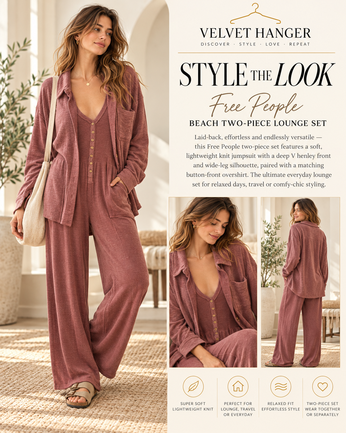 Free People FP Beach Burgundy Two-Piece Jumpsuit & Jacket Set – Size M