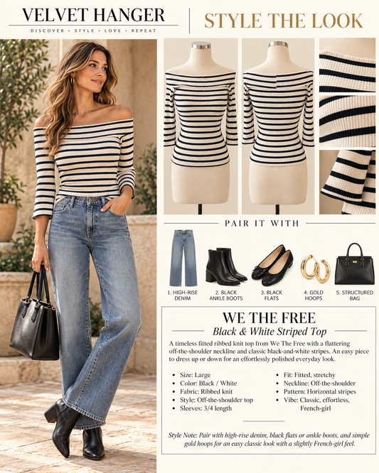 We The Free Black & White Striped Off-Shoulder Top – Size L NWOT