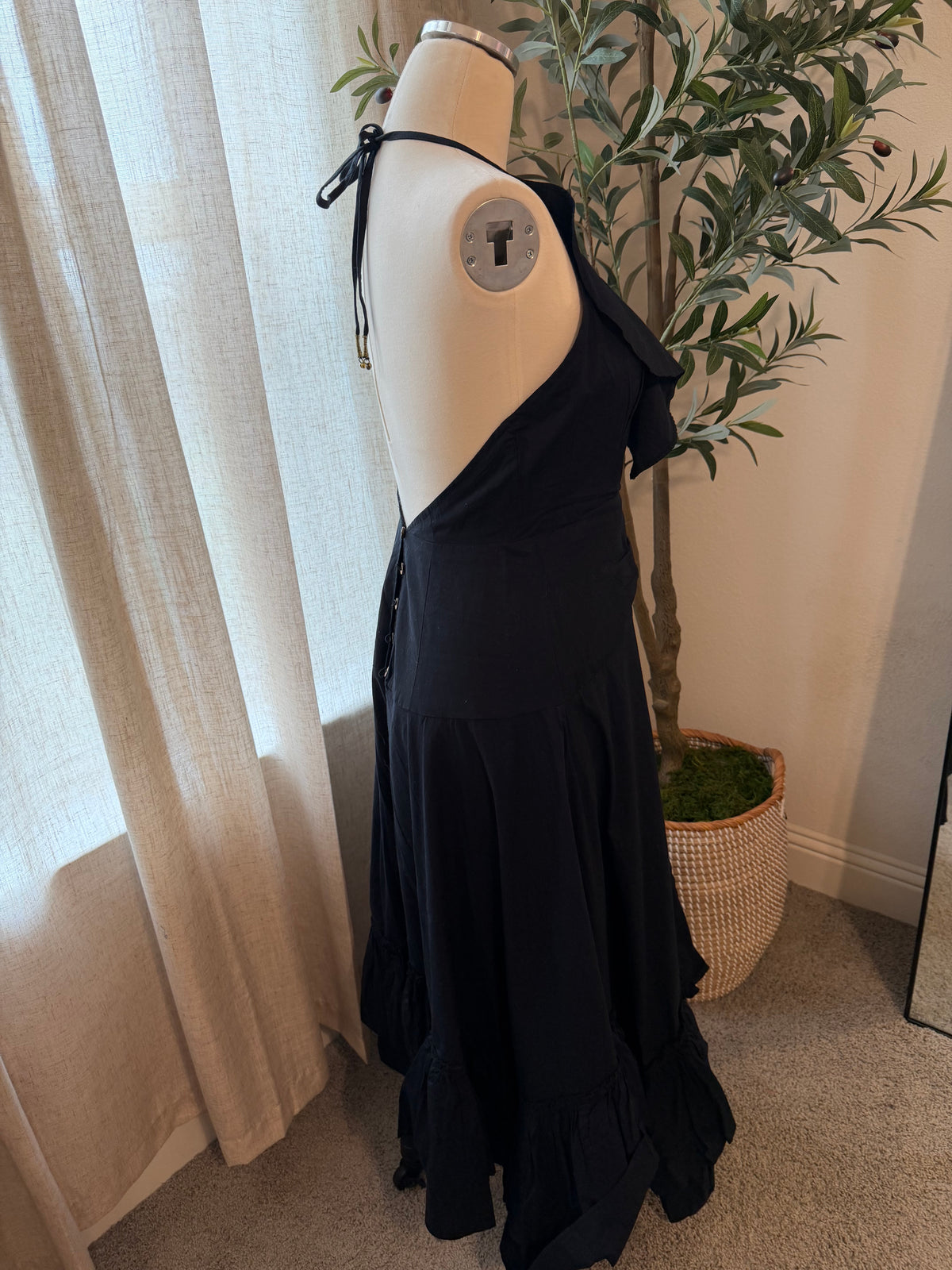 Free People Clara Ruffle Halter Midi Dress – Black – Size S – NWT