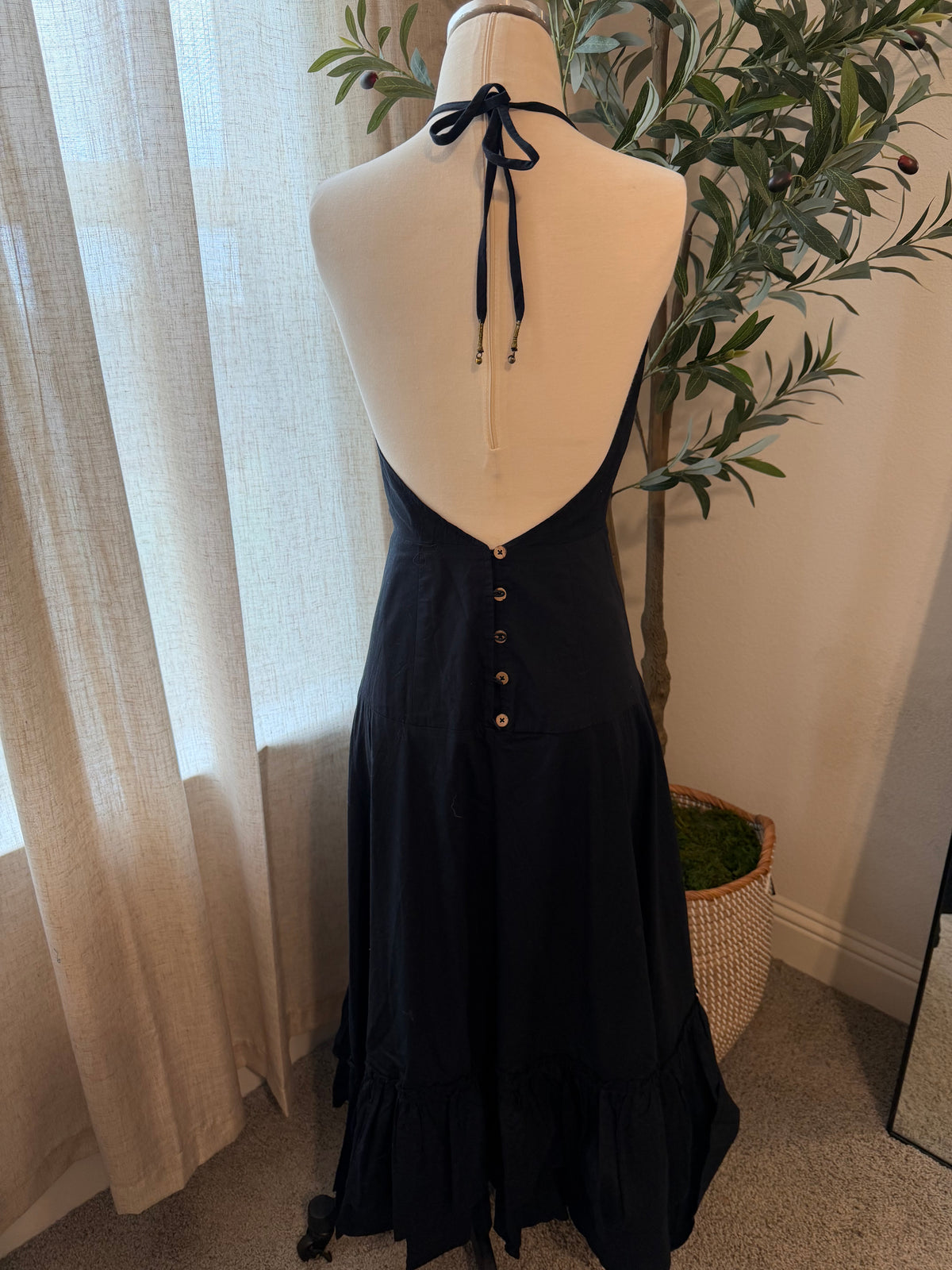 Free People Clara Ruffle Halter Midi Dress – Black – Size S – NWT