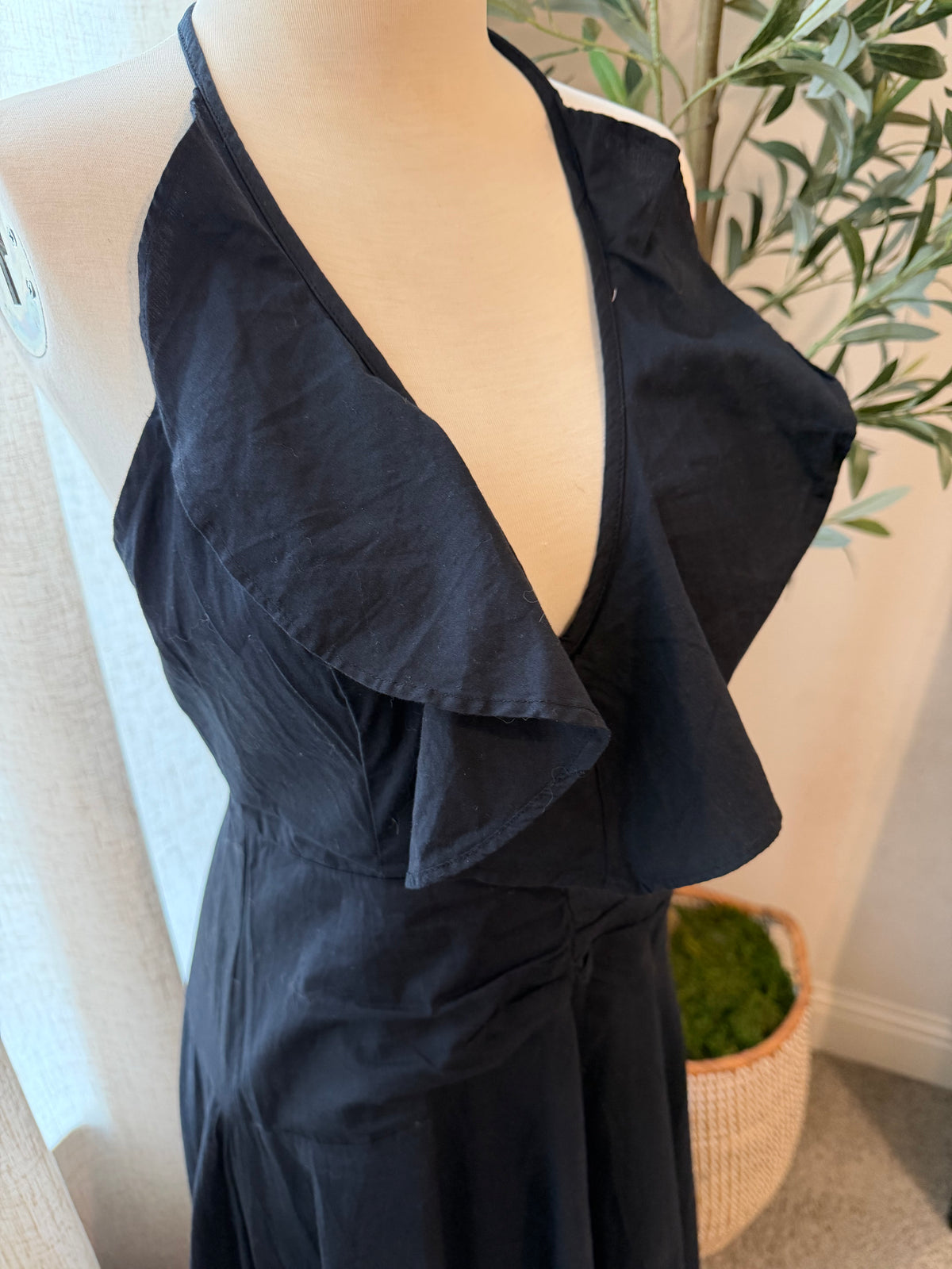 Free People Clara Ruffle Halter Midi Dress – Black – Size S – NWT