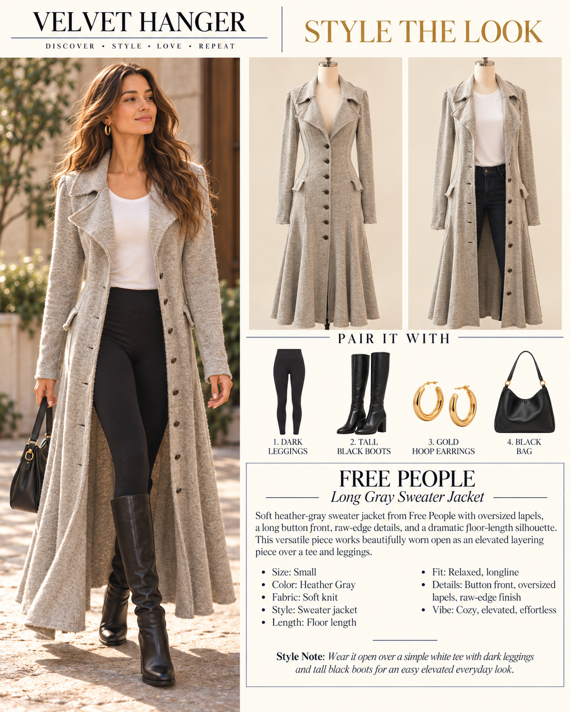 Free People Heather Gray Longline Sweater Duster Jacket – Size S