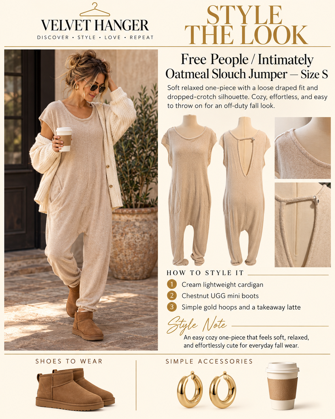 Intimately Free People Just Because Slouchy Onesie Jumpsuit – Oatmeal – Size S