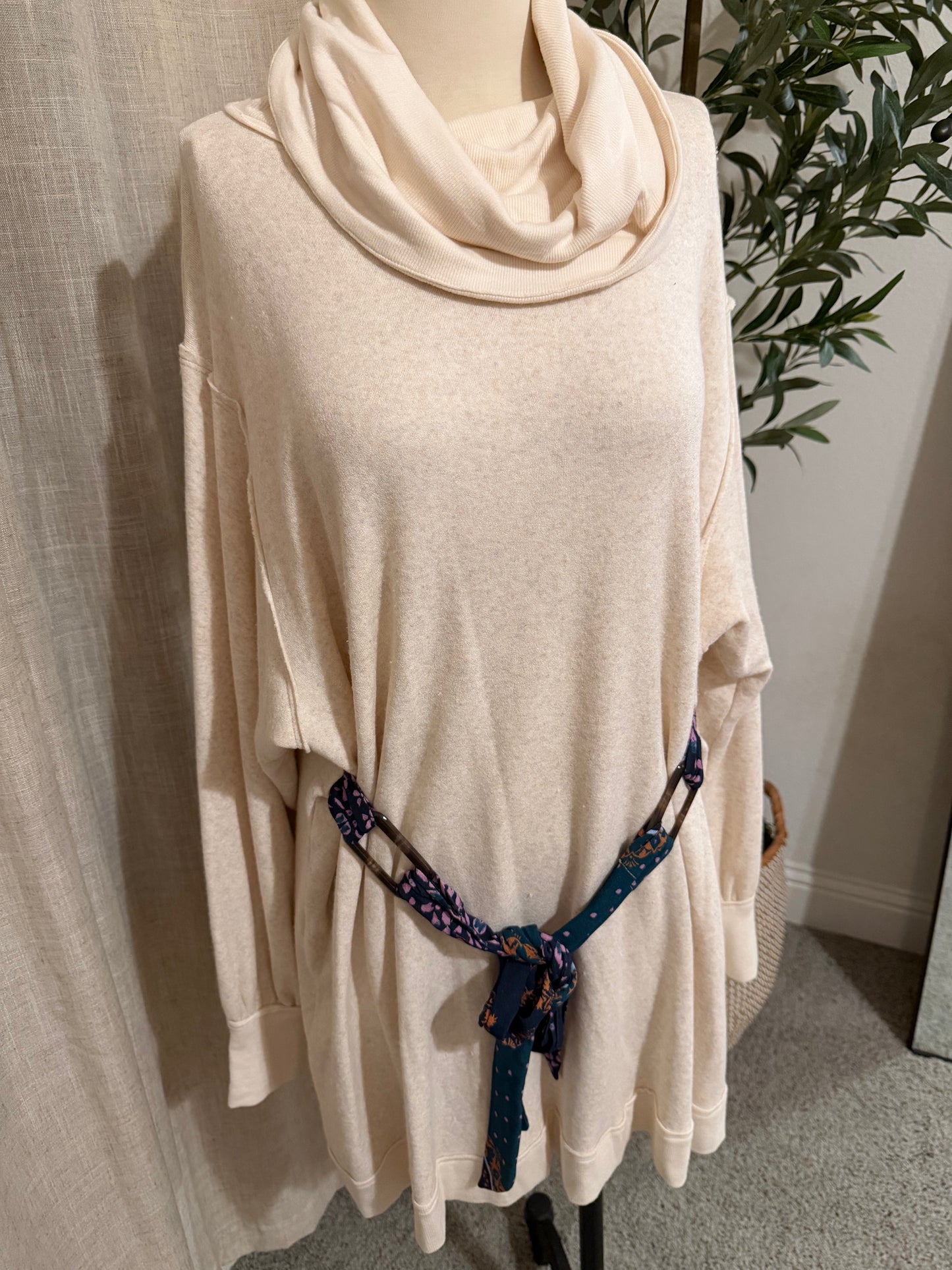 Free People Oatmeal Cowl-Neck Scarf-Tie Tunic Dress – Size S