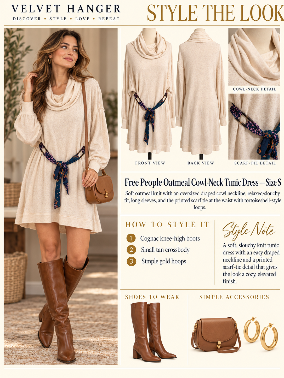 Free People Oatmeal Cowl-Neck Scarf-Tie Tunic Dress – Size S
