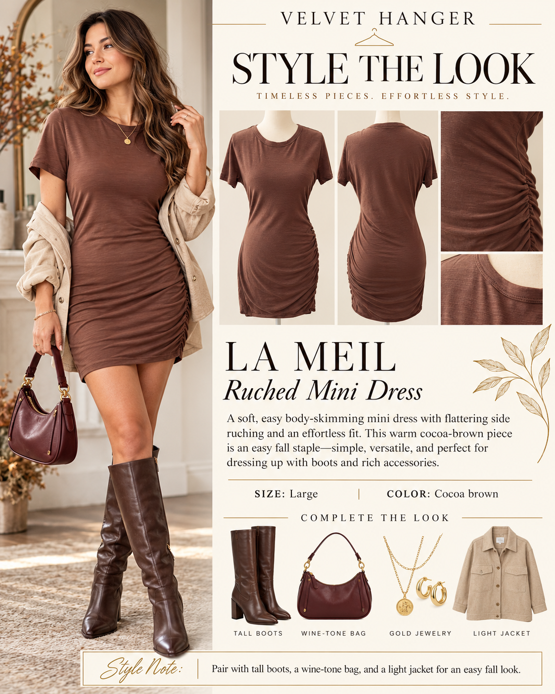 La Miel Brown Ruched T-Shirt Mini Dress – Size L NWOT