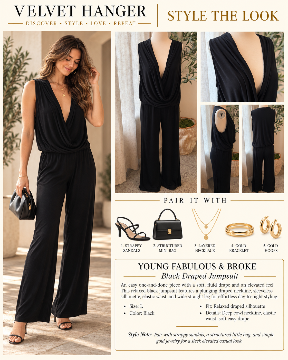 Young Fabulous & Broke Black Plunging Cowl Neck Jumpsuit – Size L